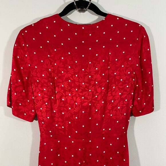 Maje Women's Red Polka Dot Textured Floral Tie Front Cutout Midi Dress Size 36 - Picture 9 of 9